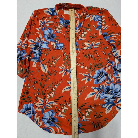 Ann Taylor LOFT Orange Floral Roll Up Sleeve Blouse Sz MP Petite Hidden Buttons - Picture 6 of 11